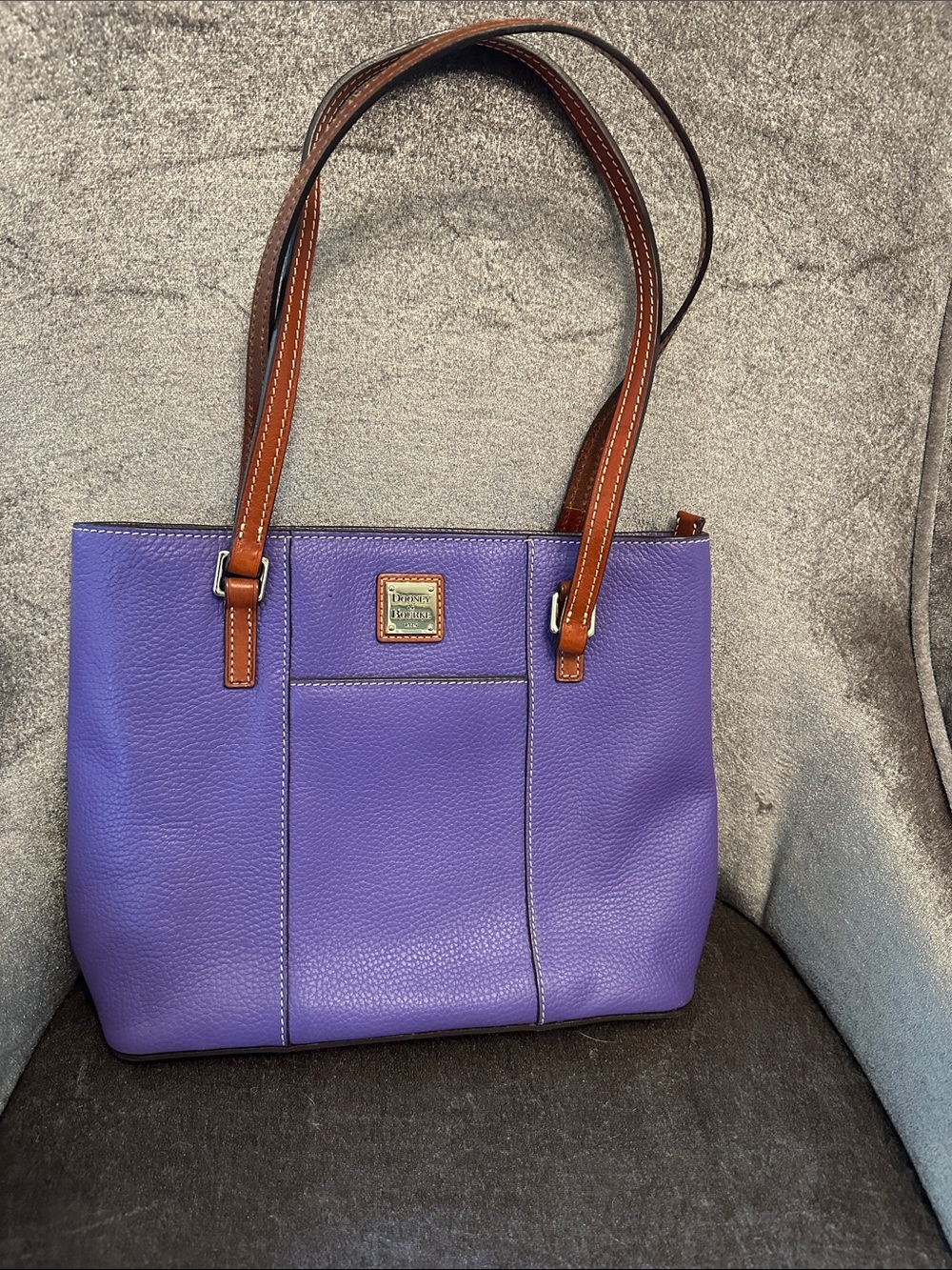 Dooney & Bourke Purple Leather Shoulder Tote with Brown Straps